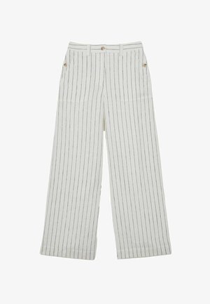 Pantaloni bianchi a gamba larga con sottili righe nere verticali, tasche frontali, passanti per cintura e chiusure con bottoni in vita e ai bordi delle tasche.