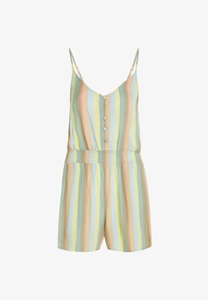 Pastelinėmis spalvomis dryžuotas kombinezonas, turintis plonus petnešėles, V formos iškirptę, sagas priekyje ir elastingą liemens juostą, suteikiančią laisvą prisitaikymą.