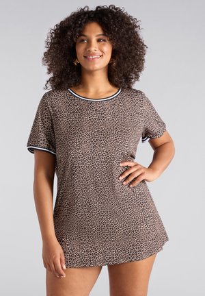 Camisa de manga corta con estampado de leopardo: tela suave, escote redondo con ribete negro, corte relajado, mangas cortas, ligero brillo, hasta la rodilla.