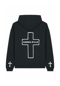 Felpa nera con cappuccio caratterizzata da un grande design di croce bianca al centro con il testo "KARMA KILLS" e piccole croci su ciascun manica. Tessuto morbido.