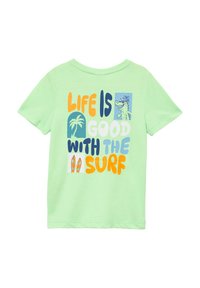 Hellgrünes Baumwoll-T-Shirt mit buntem Text und Grafiken: Palme, Surfboards und ein Alligator mit Hut. Kurze Ärmel, Rundhals.