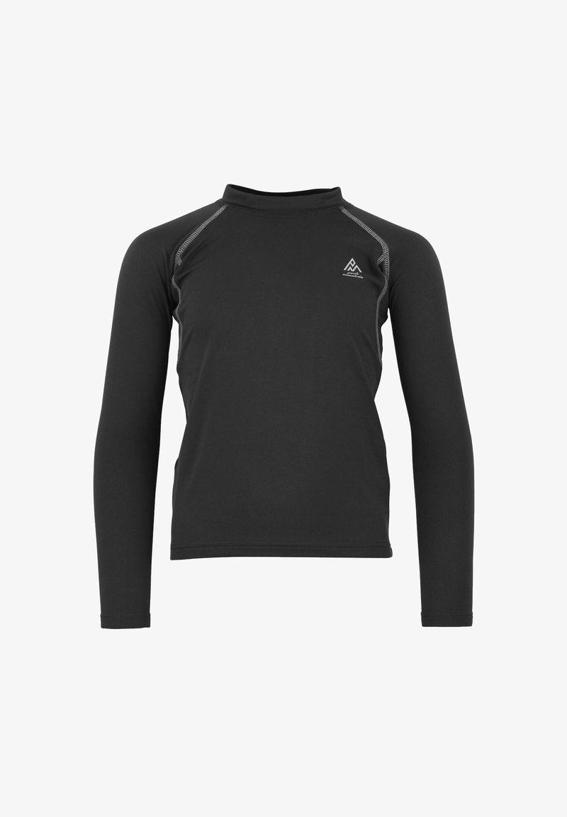 Rash guard noir à manches longues fabriqué en matériau extensible, avec un col haut, des coutures contrastées et un petit logo de montagne sur la poitrine.