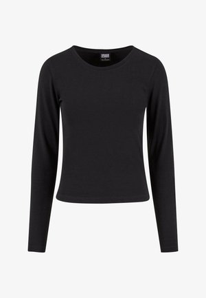 Black long-sleeve t-shirt made of soft, stretchy fabric. Features a round neckline and a fitted bodice with a straight hem.