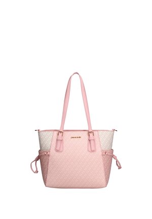 Borsa tote rosa e bianca con doppi manici, tasche laterali con lacci e una texture a motivo sottile.