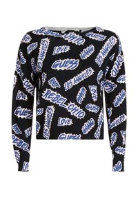 Pull noir présentant un design graphique audacieux avec des éléments de texte en blanc et bleu. Encolure ronde et manches longues avec poignets côtelés.