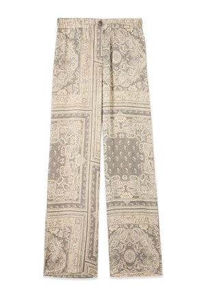 Pantaloni cu croială largă, cu modele complicate paisley și florale în bej și gri, având o talie elastică și închidere frontală cu nasturi.