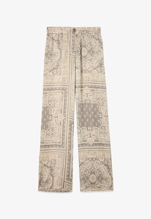 Pantalon à jambes larges avec des motifs complexes de cachemire et de fleurs en beige et gris, doté d'une ceinture élastique et d'une fermeture à boutons à l'avant.