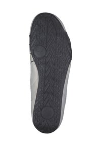 Lys grå sneakersål med sort gummi-trådmønster. Har et struktureret mønster og et cirkulært logo på bunden. Glat øvre kant.