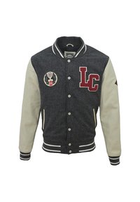 Szara wełniana kurtka varsity z białymi skórzanymi rękawami, emblematem "LC", naszywkami, prążkowanym kołnierzem oraz zapięciem na napy.