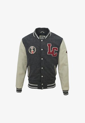 Grijze wollen varsityjack met witte leren mouwen, "LC" embleem, patches, gestreepte ribgebreide kraag en drukknoopsluiting.