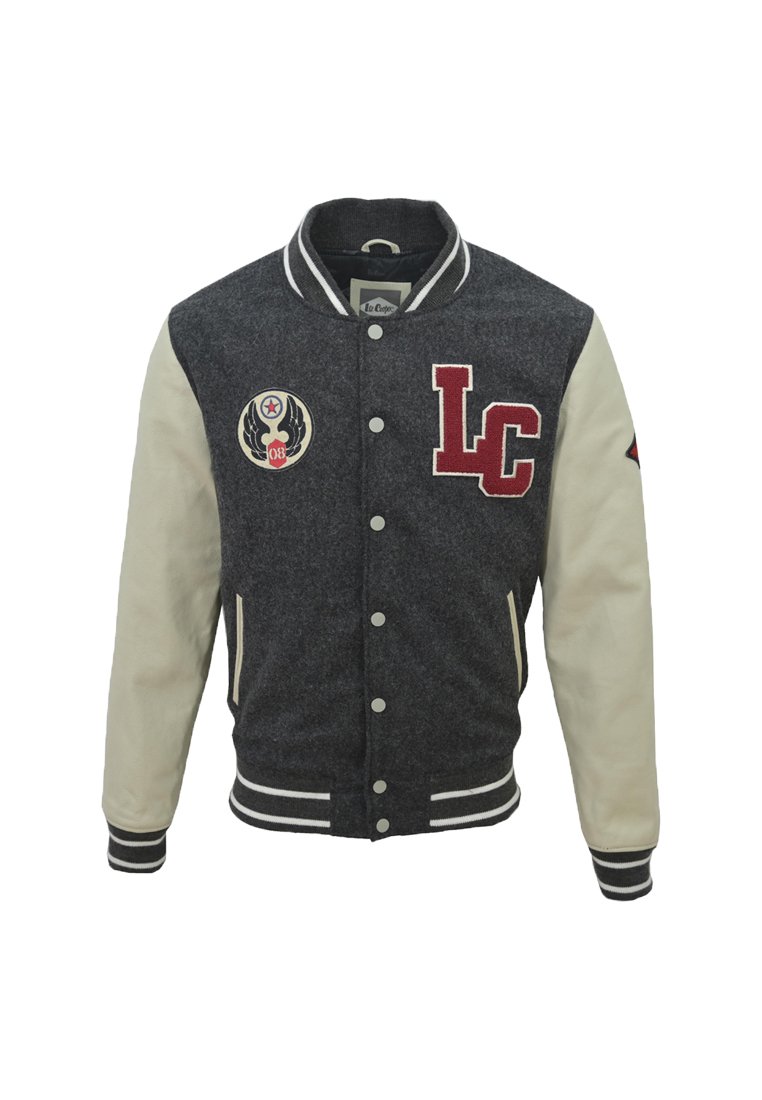 Szara wełniana kurtka varsity z białymi skórzanymi rękawami, emblematem "LC", naszywkami, prążkowanym kołnierzem oraz zapięciem na napy.