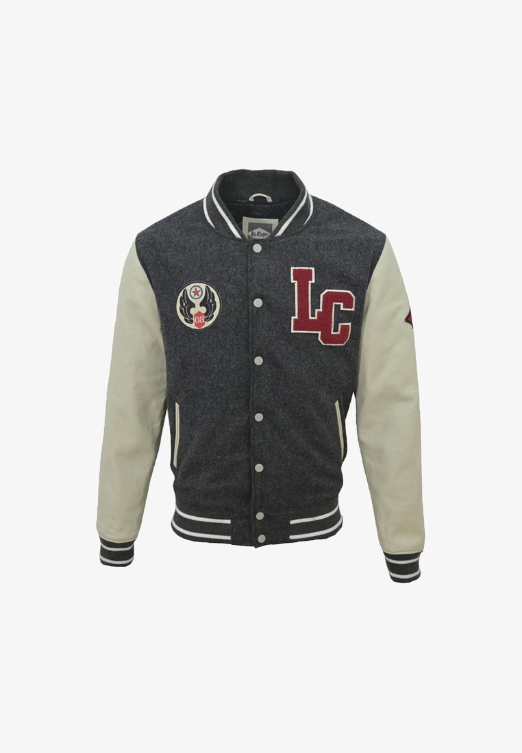 Szara wełniana kurtka varsity z białymi skórzanymi rękawami, emblematem "LC", naszywkami, prążkowanym kołnierzem oraz zapięciem na napy.