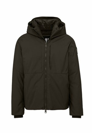 Giacca imbottita nera con cappuccio e zip frontale, progettata per il freddo con maniche lunghe e collo alto.