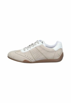 Beige and white casual sneaker with perforated side panels, lace-up closure, and brown rubber sole.