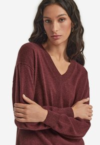 Bordeauxfarbener V-Ausschnitt-Pullover mit langen Ärmeln, gestrickter Textur und gerippten Bündchen. Weicher Stoff mit einer lockeren Passform und überschnittenen Schultern.
