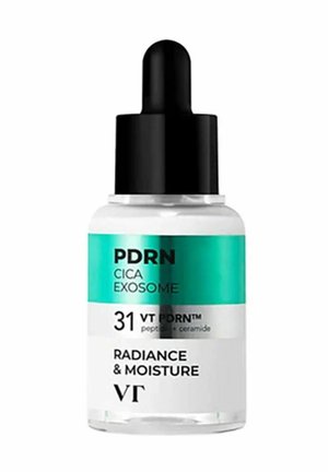 Tropfflasche des VT PDRN Cica Exosome Serums, gekennzeichnet für Strahlkraft und Feuchtigkeit mit Peptiden und Ceramid-Inhaltsstoffen.