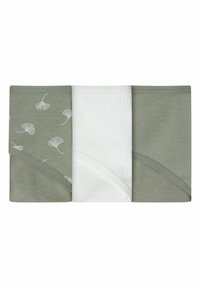 Drei-Pack Damenunterwäsche. Zwei sind olivgrün mit Ginkgo-Blatt-Muster; eines ist einfarbig weiß mit gerippter Textur. Glatte Oberfläche.