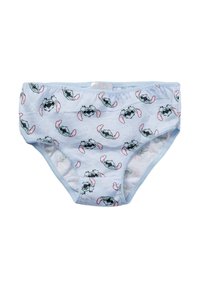 Mutandine azzurre chiare per bambini con facce di cani blu in stile cartone animato che indossano occhiali da sole e orecchie rosa, su uno sfondo bianco.