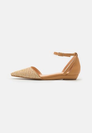 Pointed-toe flat shoe featuring a tan synthetic upper and woven straw-like front panel, with an ankle strap and low heel.