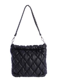 Bolso de mano de cuero negro acolchado con una parte superior fruncida y un asa adornada con cadena. Presenta una textura suave y una forma rectangular.