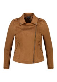 Bruine faux-suède motorjack met een hoge kraag, asymmetrische rits en ritszakken aan de zijkant. Glad textuur en fitted ontwerp.