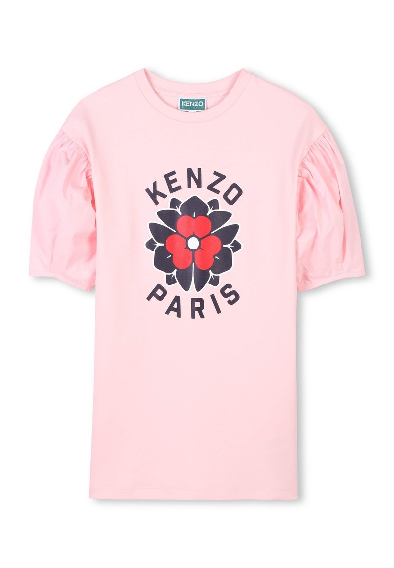 T-shirt rose avec des manches bouffantes, un design floral et le texte "KENZO PARIS" en noir et rouge. En coton doux.