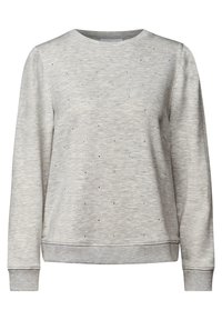 Felpa grigia con scollatura rotonda, maniche lunghe e polsini a coste. Presenta un tessuto testurizzato con piccole pietre luccicanti sparse.