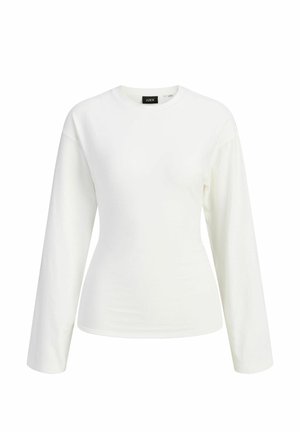 Chemise blanche unie ajustée à manches longues avec encolure ronde, présentée sur fond blanc.