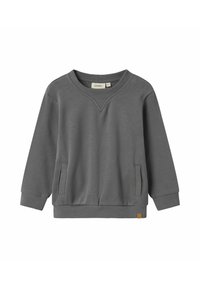 Grå sweatshirt med V-hals, ribbad ärmslut och fåll. Har två sidofickor och en liten logotagg. Tillverkad av mjukt material.