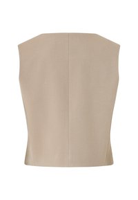 Beige ärmelloses Top mit einer strukturierten, eckigen Form. Glatte Textur und minimale Nähte, mit einem schlichten Rückendesign.