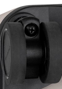 Schwarzes Gummi-Rad mit runder Form, montiert auf einer grauen Basis. Hat eine sichtbare Schraube und eine glatte Oberfläche. Der Mechanismus wirkt langlebig.