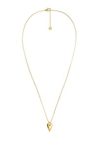 Goldfarbene Halskette mit einer zarten Kette und einem polierten herzförmigen Anhänger, ausgestattet mit einem Karabinerverschluss und einem Verlängerungskettendetail.