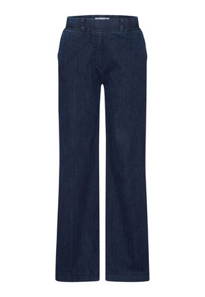 Donkerblauwe denimbroek met een recht model, voorzien van voorzakken en een nette zoom. De stof heeft een gladde textuur met subtiele vervaging.