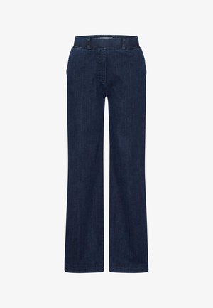 Pantaloni in denim blu scuro con un design a gamba dritta, dotati di tasche anteriori e orlo pulito. Il tessuto ha una texture liscia con una leggera sfumatura.