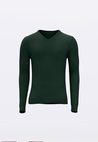 Groene V-hals trui met lange mouwen, gemaakt van een glad, rekbaar materiaal; voorzien van aansluitende boorden en zoom, effen textuur.