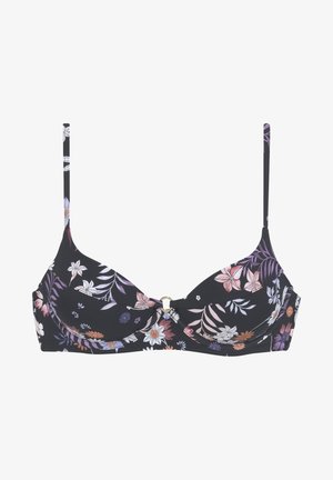 Juoda gėlėta bikini viršūnė su violetinėmis, rožinėmis ir baltomis gėlėmis. Pasižymi auksiniu akcentu centre ir reguliuojamomis petnešėlėmis. Minkšta audinio tekstūra.