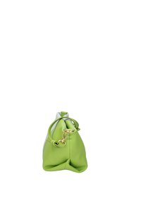 Borsa a tracolla in pelle verde con finitura testurizzata, forma arrotondata, chiusura a cordoncino e dettagli in metallo dorato.