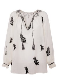 Weiß-bluse mit schwarzem Blätterstickerei, V-Ausschnitt mit geflochtenem Besatz, Quastenakzenten und langen Ärmeln mit gerafften Bündchen.