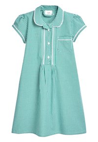 Vihreä ja valkoinen ruudullinen mekko, jossa on lyhyet hihat, kauluspaita, etunappulat ja yksi rintatasku. Kevyt puuvillakangasmateriaali.