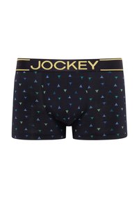 Svarta boxershorts med ett mönster som har gröna, blå och gula trianglar, samt en guldfärgad Jockey-logga på midjebandet.