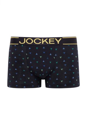 Svarte boxer briefs med et mønster, der indeholder grønne, blå og gule trekanter, samt et guld Jockey-logo på linningen.