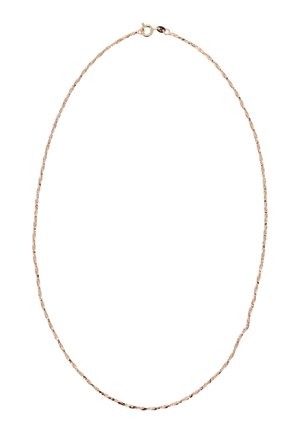 Vékony rózsaarany láncnyaklánc kis csavart szemekkel és kerek rugós kapoccsal, fehér háttéren.