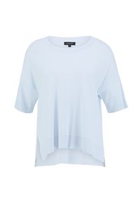 Světle modrý úpletový top s krátkým rukávem a širokým výstřihem, uvolněný střih a žebrovaný lem dole, který poskytuje texturovaný vzhled.