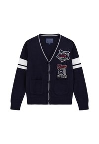 Cardigan blu navy con strisce bianche sulle maniche, scollatura a V, cinque bottoni, due tasche frontali e numerosi ricami.