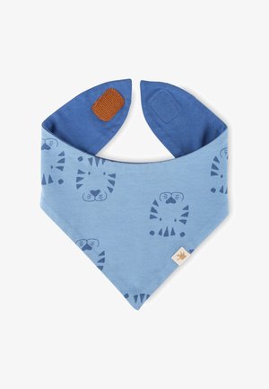 Blaues Baby-Sabberlätzchen mit dunkelblauem Tigerkopf-Muster und verstellbaren Klettverschlüssen auf schlichtem weißem Hintergrund.