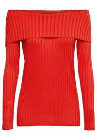 Pull en tricot côtelé rouge avec un design à épaules dégagées, des manches longues et un motif texturé. Texture lisse avec un léger stretch.