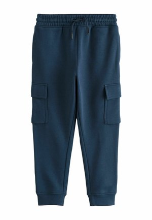 Marina blå joggingbyxor tillverkade av mjukt tyg, med elastisk midja, justerbar dragsko och två sidofickor.