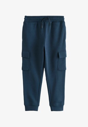 Pantalons de jogging bleu marine en tissu doux, dotés d'une taille élastique, d'un cordon de serrage ajustable et de deux poches cargo latérales.