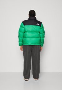 Zelená puffrová bunda s čiernou hornou časťou, ktorá má horizontálne švy a logo The North Face. Nosené s tmavými cargo nohavicami.