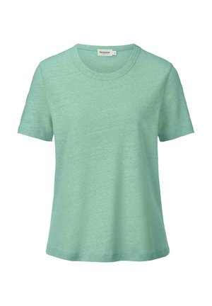 Mintgrünes T-Shirt mit kurzen Ärmeln aus weichem Stoff, mit rundem Ausschnitt und lässiger Passform, versehen mit einem dezenten strukturierten Muster.